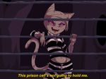  adventure_time anthro breasts cat cleavage clothed clothing dialogue english_text fangs feline female mammal me-mow midriff open_mouth pink_eyes plagueofgripes prison prisoner smile solo text 