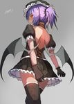  alternate_costume artist_name back bat_wings black_gloves black_legwear blush choker covering covering_ass dated dress from_behind gloves hat highres looking_at_viewer looking_back myero ponytail puffy_short_sleeves puffy_sleeves purple_hair red_eyes remilia_scarlet short_sleeves signature simple_background solo standing thighhighs touhou wings 
