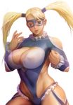  bad_deviantart_id bad_id blonde_hair blue_eyes blue_leotard breasts cleavage cypressdahlia domino_mask highres large_breasts leotard long_hair mask rainbow_mika simple_background solo street_fighter street_fighter_v thighs twintails white_background 