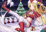  blonde_hair boots breasts capelet cherry christmas christmas_ornaments christmas_tree cleavage food fruit gift green_eyes grenda-san hat highres huanghyy medium_breasts midriff navel one_eye_closed red_footwear robot_girls_z sack santa_boots santa_costume santa_hat short_shorts shorts smile solo thighhighs white_legwear 