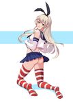  black_panties blonde_hair crop_top elbow_gloves gloves grey_eyes highleg highleg_panties highres kantai_collection long_hair looking_back microskirt pandako panties school_uniform serafuku shimakaze_(kantai_collection) skirt solo striped striped_legwear thighhighs underwear white_gloves 