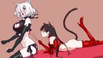  2girls :o anal_tail animal_ears bangs bell bell_choker black_footwear black_gloves black_hair black_legwear black_panties blush bob_cut boots bottomless breasts brown_background butt_plug cat_cutout cat_ears cat_lingerie cat_teaser cattail choker cleavage_cutout clenched_hands closed_mouth cross-laced_clothes fake_tail frills from_side glasses gloves hair_over_one_eye high_heel_boots high_heels highres holding jingle_bell large_breasts legs_up long_hair looking_at_another lying meme_attire multiple_girls on_stomach original panties paw_print plant profile red_footwear red_gloves red_legwear short_hair side-tie_panties sitting sketch smile stomach surprised tail underwear underwear_only white_hair yuta_(nvkdighqqs94fg) zipper 