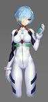  absurdres ayanami_rei bandage_over_one_eye bandages blue_hair bodysuit boroja bracer breasts cropped_legs expressionless eyepatch gloves grey_background hair_ornament highres impossible_bodysuit impossible_clothes neon_genesis_evangelion number pilot_suit plugsuit red_eyes short_hair simple_background skin_tight small_breasts solo turtleneck white_bodysuit 