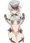  ass_visible_through_thighs bare_shoulders blade_(galaxist) blush borrowed_character breasts brown_gloves cosplay covered_nipples detached_sleeves flying_sweatdrops gloves grey_eyes grey_hair hat looking_at_viewer medium_breasts navel original peaked_cap ring_dream schwarz_nebel schwarz_nebel_(cosplay) short_hair_with_long_locks sketch solo 