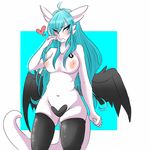  &lt;3 2015 ahoge athena_(flamingpandaomg) blue_eyes blue_hair blush breasts clothing digital_media_(artwork) dragon female fur hair legwear looking_away luna_lupin navel nipples nude simple_background solo standing stockings white_fur wings 