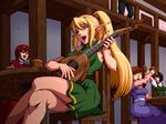  aoi_yuu_(komeda_yuu) blonde_hair crossed_legs elf green_eyes highres instrument lute_(instrument) multiple_girls original pointy_ears ponytail solo_focus 