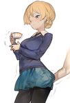  1girl aos ass ass_grab black_neckwear blonde_hair blue_eyes blue_skirt blue_sweater blush crotch_grab cup darjeeling dress_shirt girls_und_panzer grabbing_another's_ass groping hand_on_ass hetero miniskirt necktie one_eye_closed pantyhose pleated_skirt shirt skirt solo_focus st._gloriana's_school_uniform sweater teacup v-neck white_shirt 