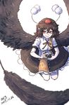  black_hair black_skirt black_wings blurry breasts camera dated depth_of_field feathered_wings feathers hakuro109 hat highres holding holding_camera legs_up looking_to_the_side medium_breasts pointy_ears red_eyes ribbon shameimaru_aya shiny shiny_clothes shiny_hair shirt short_hair short_sleeves signature simple_background skirt smile solo spread_wings tokin_hat touhou white_background white_shirt wings 