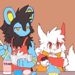  anthro anthrofied apron band-aid bandage bowl canine clothing cooking cupcake cute_fangs digital_media_(artwork) egg english_text flat_colors food front_view icing luxio mammal nintendo pok&eacute;mon size_difference sweat sweatdrop text tongue tongue_out vest video_games whiteleo zangoose 