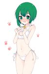  asymmetrical_hair bare_shoulders bell bell_collar blush bra breasts cat_cutout cat_ear_panties cat_lingerie cleavage_cutout collar embarrassed eyebrows eyebrows_visible_through_hair green_eyes green_hair hands_up hips jingle_bell looking_at_viewer meme_attire navel open_mouth panties paw_print saple shiki_eiki short_hair side-tie_panties simple_background small_breasts solo stomach string_panties teardrop tearing_up thighs touhou underwear underwear_only white_background white_bra white_panties 