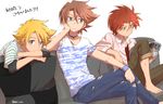  aqua_eyes banchii barefoot blonde_hair blue_eyes brown_hair cardfight!!_vanguard casual choker denim grey_eyes ishida_naoki jeans kai_toshiki magazine male_focus multiple_boys orange_hair pants red_hair suzugamori_ren torn_clothes torn_jeans torn_pants 