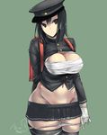  akitsu_maru_(kantai_collection) alternate_skin_color arm_behind_back backpack bag bandages black_eyes black_hair black_hat black_skirt breasts buttons gloves green_background hat highres kantai_collection large_breasts long_sleeves midriff military military_hat military_uniform mizugensui navel open_clothes pale_skin panties panty_pull peaked_cap pleated_skirt pulled_by_self randoseru remodel_(kantai_collection) sarashi short_hair signature simple_background skirt solo thighhighs underwear undressing uniform white_gloves white_panties 