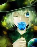  black_background blue_eyes blue_flower blue_rose covering_mouth flower green_hair hat hat_flower komeiji_koishi light_particles one_eye_closed rose shinonome_myoke solo third_eye touhou 