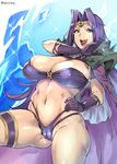  :d ass blue_eyes breasts cameltoe cape circlet cleavage gloves hair_intakes hand_on_hip highres huge_breasts jewelry laughing long_hair looking_at_viewer naga_the_serpent navel ojou-sama_pose open_mouth pokkora purple_gloves purple_hair revealing_clothes slayers smile solo spikes teeth thick_thighs thigh_strap thighs tongue twitter_username very_long_hair 