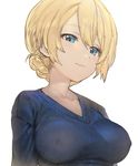  aos bangs blonde_hair blue_eyes blue_sweater braid breasts collarbone commentary covered_nipples darjeeling girls_und_panzer hair_up large_breasts looking_at_viewer low_neckline no_bra see-through simple_background smile solo sweater tight white_background 