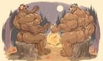  2015 anthro barefoot bear beard beverage biceps big_pecs black_nose brown_fur butt digital_media_(artwork) duo eyes_closed facial_hair fire food forest full_moon fur hat hi_res huge_biceps huge_muscles huge_pecs humanoid_feet hyper hyper_muscles laugh mammal mezcal moon muscular nature night nipples nude outside pecs plantigrade rear_view relaxing short_tail sitting soda tree wood_fire 