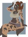  anthro breasts clothed clothing female half-closed_eyes hyena invalid_tag jewelry kammymau mammal navel necklace simple_background solo sweat teeth 