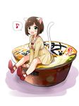 :3 :d animal_ears blush_stickers brown_hair cat_ears cat_tail dress eighth_note fang food green_eyes idolmaster idolmaster_cinderella_girls maekawa_miku minigirl mio_(mgr300) musical_note open_mouth short_hair sitting sitting_on_object smile solo spoken_musical_note tail v_arms 
