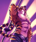  abs anthro areola armpits biceps bulge catsudon clothed clothing disney feline fur looking_at_viewer low-angle_view male mammal muscular navel nipples pecs pole ribbons skimpy smile smirk solo stripper tiger tiger_dancer topless zootopia 