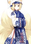  adapted_costume ainu_clothes blonde_hair closed_mouth expressionless fox_tail hands_in_opposite_sleeves hat highres japa long_sleeves multiple_tails pillow_hat short_hair solo tail tassel touhou white_background wide_sleeves yakumo_ran yellow_eyes 