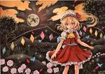  blonde_hair cloud dated dress flandre_scarlet flower full_moon hat hat_ribbon looking_at_viewer mob_cap moon mosho night pink_flower pink_rose puffy_short_sleeves puffy_sleeves red_dress red_eyes ribbon rose sash shirt short_sleeves side_ponytail signature sky solo star_(sky) starry_sky touhou traditional_media wings 