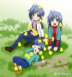  ahoge bird blue_eyes blue_hair blush cardfight!!_vanguard chick child full_body happy_birthday lying male_focus multiple_boys multiple_persona on_back one_eye_closed open_mouth sendou_aichi shoes sitting smile tachibana_meguru time_paradox too_many too_many_chicks twitter_username younger 