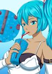  between_breasts blue_eyes blue_hair breasts candy cleavage dress drink drinking_straw food giantess heihei_li highres miniboy shrinking solo vore white_dress 