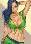 asymmetrical_hair black_hair bracelet breasts brown_eyes cleavage contrapposto cornrows crop_top dark_skin front-tie_top jewelry large_breasts laura_matsuda lips long_hair mana30row midriff navel one_eye_closed sleeveless smile solo standing street_fighter street_fighter_v wavy_hair 