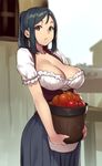  :o apple bangs black_hair blouse blue_skirt blurry bodice breasts brown_eyes bucket building carrying cleavage collarbone corset cowboy_shot day depth_of_field dirndl food fruit german_clothes holding holding_bucket house houtengeki large_breasts long_skirt looking_at_viewer original outdoors parted_bangs parted_lips ponytail puffy_short_sleeves puffy_sleeves short_sleeves sidelocks skirt solo underbust white_blouse 