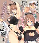  1boy 1girl :d :o admiral_(kantai_collection) alternate_costume animal_ears armpits arms_up ass ass_cutout bangs bare_shoulders bell bell_choker black_gloves black_panties blank_eyes blue_eyes blush breasts brown_hair cafe_au_lait_(kafeore) cat_cutout cat_ear_panties cat_ears cat_lingerie choker cleavage_cutout clenched_hand collarbone fake_animal_ears frills gloves hair_ornament hairband hairclip hat headgear jingle_bell kantai_collection large_breasts long_sleeves looking_at_viewer maya_(kantai_collection) meme_attire military military_uniform motion_lines multiple_views naval_uniform open_mouth panties panty_lift paw_pose paw_print peaked_cap pulled_by_another short_hair side-tie_panties smile sweat translation_request twitter_username underwear underwear_only uniform untied untied_panties x_hair_ornament 