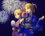  absurdres agrias_oaks blonde_hair final_fantasy final_fantasy_tactics fireworks highres japanese_clothes kimono long_hair multiple_girls ovelia_atkascha rawza short_hair yukata 