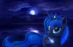  2015 blue_eyes blue_fur blue_hair cloud crown equine female feral friendship_is_magic fur hair horn landscape looking_at_viewer mammal moon my_little_pony night outside princess_luna_(mlp) reflection scootiebloom smile solo star water winged_unicorn wings 