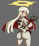  ahoge ankh ass belt bodysuit breasts buckle commentary cowboy_shot flipped_hair from_behind gloves grey_background grin guilty_gear guilty_gear_xrd hair_between_eyes halo hand_on_hip holding holding_mask jack-o'_valentine long_hair looking_at_viewer looking_back loose_belt mask mask_removed medium_breasts multicolored_hair pantylines pink_eyes red_hair simple_background smile solo spike_wible standing strap studded_belt tan turtleneck two-tone_hair white_hair 