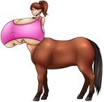  big_breasts breast_grab breasts brown_hair centaur clothing equine equine_taur female hair hand_on_breast hooves huge_breasts hyper hyper_breasts looking_at_viewer madamsquiggles mammal ponytail purple_eyes smile solo taur tight_clothing 