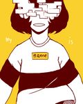  brown_hair chara_(undertale) covered_eyes english mamaito name_tag pixelated shirt solo spoilers striped striped_shirt undertale yellow_background 