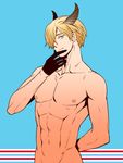  abs adonis_belt axis_powers_hetalia blonde_hair blue_background gloves green_eyes hair_over_one_eye horns luxembourg_(hetalia) male_focus nude out-of-frame_censoring rebasashi simple_background solo 