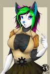  anthro big_breasts breasts canine clothed clothing female looking_at_viewer lunarii mammal nipple_bulge open_mouth simple_background solo wolf 