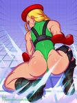 antenna_hair ass beret blonde_hair blue_eyes boots braid cammy_white clenched_hand combat_boots elbow_gloves fingerless_gloves from_behind gloves green_leotard harness hat highleg highleg_leotard kajin_(kajinman) leotard long_hair looking_back muscle muscular_female one_knee red_gloves scar signature solo street_fighter street_fighter_v sweat thigh_pouch thong_leotard training_room twin_braids watermark web_address 