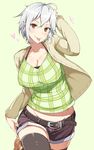  :p belly_peek belt blush breasts cleavage collarbone hand_on_head huge_breasts moketa short_hair shorts silver_hair simple_background solo thighhighs tongue tongue_out 
