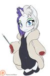  101_dalmatians 2015 alasou anthro anthrofied blue_eyes chibi clothing cosplay cruella_de_ville disney equine eyelashes female friendship_is_magic hair hi_res horn looking_at_viewer mammal multicolored_hair my_little_pony patreon rarity_(mlp) simple_background smile solo two_tone_hair unicorn 