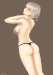  2016 artist_name ass back black_panties blush breasts brown_background closed_mouth from_behind hair_between_eyes hair_censor hair_over_breasts hands_on_own_neck highres lace lace_panties legs_together light_smile long_hair looking_at_viewer no_pants original panties silver_hair simple_background solo standing string_panties thong throtem topless underwear underwear_only 