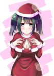  alternate_costume blush breasts capelet cleavage green_hair hat kantai_collection large_breasts looking_at_viewer mikage_takashi parted_lips santa_hat silver_eyes solo souryuu_(kantai_collection) twintails 