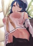  blue_eyes blue_hair blush breasts covered_nipples detached_sleeves hat highres kantai_collection large_breasts looking_at_viewer open_mouth sailor_collar see-through skirt solo standing undressing urakaze_(kantai_collection) wa_(genryusui) wet wet_clothes white_hat 