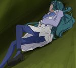  ass blue_hair blue_legwear braid go!_princess_precure haruyama_kazunori kaidou_minami long_hair lying noble_academy_school_uniform on_back pantyhose precure school_uniform single_braid skirt solo white_skirt 