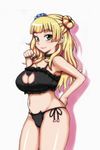  bell blonde_hair breasts cat_cutout cat_ear_panties cat_lingerie cleavage_cutout collar earrings galko hair_bun hair_ornament hair_scrunchie hand_on_hip highres jewelry jingle_bell large_breasts long_hair meme_attire navel okayou oshiete!_galko-chan panties scrunchie side-tie_panties solo underwear underwear_only 