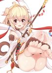 :d ahoge andira_(granblue_fantasy) animal_ears arm_guards bad_id bad_pixiv_id bare_shoulders blonde_hair blush bow breasts choker cleavage_cutout detached_leggings detached_sleeves earrings erune eyebrows eyebrows_visible_through_hair eyelashes feet fur_trim granblue_fantasy hair_between_eyes hairband harumari highres holding holding_weapon jewelry lance long_sleeves monkey_ears monkey_tail obi open_mouth polearm red_bow red_eyes ring sash see-through sideboob simple_background small_breasts smile soles solo tail toenails toes two_side_up weapon white_background 