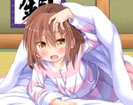  bed_invitation blush brown_eyes brown_hair commentary_request fang futon hair_between_eyes hair_ornament hairclip hand_on_own_head ikazuchi_(kantai_collection) jewelry kantai_collection lifting_covers looking_at_viewer lying open_mouth pajamas ring short_hair solo tatami tsunsuki_(naobe009) 