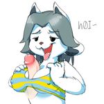  2016 atrolux black_eyes breast_squish breasts claws clothing disembodied_penis duo erect_nipples erection fangs female fur grey_hair hair half-closed_eyes male male/female nipples penis pink_nose sex shirt simple_background solo_focus tank_top temmie_(undertale) titfuck toe_claws tongue tongue_out undertale video_games white_background white_fur 