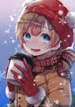  absurdres beanie blue_eyes brown_hair commentary_request cup disposable_cup fur_trim gloves hair_ornament hat highres holding hot_chocolate jacket long_hair looking_at_viewer open_mouth original plaid plaid_scarf scarf smile snow snowflakes solo steam upper_body winter_clothes x_hair_ornament yamigirikuroko 