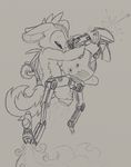  alien anthro bullet_holes crossover disney english_text experiment_(species) fallout fan_character fight flying gun lilo_and_stitch machine mister_handy monochrome nude ovni petrock ranged_weapon robot text video_games weapon 